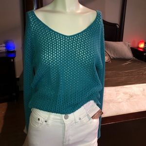 BP S open knit dk turquoise green sweater